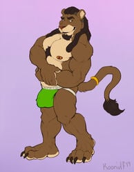 2019 anthro bulge chest_tuft clothing ear_piercing ear_ring felid flexing fur jockstrap koorivlf lion male male_only mammal mostly_nude muscular muscular_male nipple_piercing nipples pantherine pecs penis_outline piercing ring signature simple_background snout solo standing tuft underwear