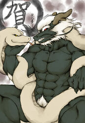 absurd_res anthro asian_mythology barbel_(anatomy) barely_visible_genitalia barely_visible_penis beard dragon east_asian_mythology eastern_dragon facial_hair feral flesh_whiskers hi_res horn kemono male male_only muscular mythology nude penis pubes red_eyes renoky reptile scalie slit_pupils snake yellow_eyes