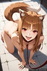 ai_generated ariavisions brown_hair dog_leash holo holo_(spice_and_wolf) leashed leashed_collar nude on_all_fours red_eyes spice_and_wolf tongue_out wolf_ears wolf_tail