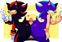 3boys, ai_generated ass, background big buttjob, collaborative_buttjob collaborative_sex femboy first_person_view gay, heart looking_back male male/male male_only middle_finger peace_sign penis, pose pov seductive shadow_the_hedgehog smile, smirk, sonic_(series) sonic_the_hedgehog sonic_the_hedgehog_(series) threesome,