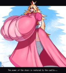 1girls aomokoka big_breasts bikini blonde_hair breasts closed_eyes crown dress female female_focus female_only fully_clothed giant_breasts gigantic_breasts huge_breasts hyper hyper_breasts long_hair mario_(series) massive_breasts nintendo princess princess_peach solo top_heavy