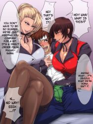 1boy 1boy1girl 2girls big_ass big_breasts big_butt big_muscles big_penis blonde_female blonde_hair blue_eyes blush bubble_butt business_suit busty choker doujinshi femdom group_sex gureko_rouman handjob huge_breasts king_of_fighters kof malesub mature_(kof) multiple_girls restrained shingo_yabuki short_hair teasing threesome tomboy undressing undressing_partner vice_(kof)