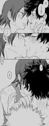 3boys bakugou_katsuki blush blush_lines boku_no_hero_academia eijirou_kirishima face-to-face gay izuku_midoriya japanese_text katsuki_bakugou kirishima_eijirou kissing kissing_while_penetrated male male/male midoriya_izuku my_hero_academia speech_bubble spiky_hair tears threesome wiping_tears yaoi