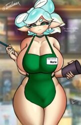 1girls almost_naked apron apron_only ass big_ass big_breasts breasts cup dialogue english_dialogue english_text female female_only hourglass_figure huge_ass huge_breasts marie_(splatoon) name_tag nintendo nsfwtalex pen solo splatoon starbucks starbucks_meme telaxart texalunax tongue