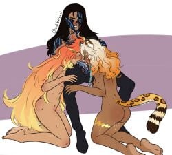 1boy 2girls 2girls1boy ass black_hair blonde_hair capitano_(genshin_impact) dark-skinned_female dark-skinned_male double_fellatio fellatio ffm_threesome genshin_impact heidibiersack mavuika_(genshin_impact) ocelot_ears ocelot_tail oral_sex penis red_hair threesome xilonen_(genshin_impact)