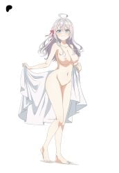 accurate_art_style ahoge alisa_mikhailovna_kujou armpits ass_visible_through_thighs bare_arms bare_belly bare_legs bare_shoulders bare_thighs barefoot belly_button big_breasts blue_eyes blush breasts closed_mouth collarbone completely_nude embarrassed feet hair_ribbon kevcrexx long_hair nipples nude russian standing thighs toes tokidoki_bosotto_russian_de_dereru_tonari_no_alya-san white_hair