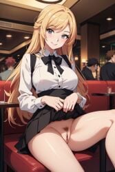 ai_generated artificial_intelligence flashing flashing_pussy mischievous mischievous_smile naughty naughty_smile pussy restaurant showing_off showing_pussy upskirt