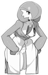 bent_over breasts censored female flashing gardevoir generation_3_pokemon genitals greyscale hands_on_hips hi_res humanoid monochrome nintendo nipple_outline nipple_slip not_furry pokemon pokemon_(species) pussy simple_background solo uenositasayuu white_background wide_hips