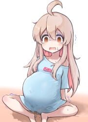 1860_(ichi) ahoge aircraft airplane amniotic_fluid big_belly female genderswap_(mtf) highres labor long_hair onii-chan_wa_oshimai! orange_eyes oyama_mahiro pink_hair pregnant rule_63 shirt sitting solo sweat t-shirt tears water_break wavy_mouth