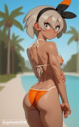 1girls ai_generated ass back background bea_(pokemon) bikini blurry_background blush blushing_at_viewer breasts cowboy_shot dark_skin dark_skinned_female fit_female game_freak grey_eyes grey_hair looking_at_viewer micro_bikini pokemon pool pov short_hair tanned tanned_female tanned_girl tanned_skin thats_euphoria thighs