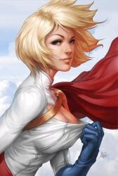 1female 1girls 2000s 2009 artgerm artist_logo blonde_female blonde_hair blue_gloves boob_window busty cape cleavage cleavage_cutout clouds dc dc_comics deviantart_link female female_only gloves heroine huge_breasts justice_league karen_starr large_breasts light-skinned_female looking_at_viewer old_art power_girl pulling_clothing red_cape short_hair solo solo_female superheroine white_clothing