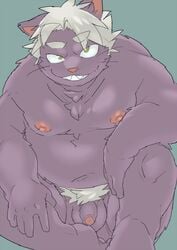 2016 anthro balls belly blue_background felid feline flaccid fur konbu male male_only mammal moobs navel nipples overweight overweight_male penis pubes purple_body purple_fur simple_background solo