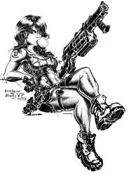 3d_realms abs arm_rest biceps big_breasts bombshell_(series) boots bubble_gum busty calves cleavage crop_top crossed_legs eyelashes eyeliner female female_focus female_only fingerless_gloves firearm footwear grenade_launcher gun handwear holster hourglass_figure human ion_fury large_breasts long_hair monochrome muscle_tone muscles muscular muscular_arms muscular_calves muscular_female muscular_legs muscular_thighs navel pale_skin pinup pose posing shelly_harrison short_shorts shotgun sitting solo tank_top tattoo thigh_strap vest weapon wide_hips