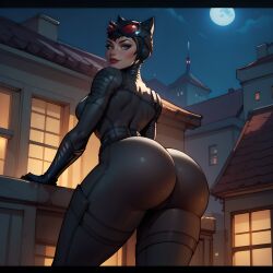 1:1 ai_generated back_to_viewer batman_(series) big_ass big_butt catwoman dc dc_comics eogard_orc looking_at_viewer moonlight night rooftop tight_clothing