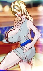 big_breasts bimbo bimbo_body bimbo_lips blonde_hair busty gigantic_breasts looking_at_viewer milf naruto naruto_(series) older_female randomart slim_waist sweat sweaty_breasts thick_thighs thighs tsunade