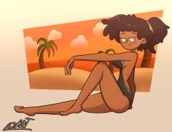 1girls aged_up amphibia amphibia_(finale) anne_boonchuy autart beach big_breasts blush breasts brown_hair cleavage clothed clothing dark-skinned_female dark_skin disney female hips human swimsuit wide_hips