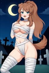 1girls ai_generated animal_ears animal_tail big_breasts breasts brown_hair cemetery dog_girl halloween halloween_costume kemonomimi latam_virtual_youtuber long_hair looking_at_viewer mummy mummy_costume night outdoors public solo_female tagme thighs tupadrev4 virtual_youtuber vtuber