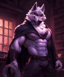 ai_generated anthro biceps black_sclera canid canine claws cloak clothing death_(puss_in_boots) detailed_eyes ears_up fingers kuranoidss male mammal muscular_male nipples red_eyes smile solo solo_focus thick_neck white_fur wolf