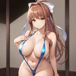 ai_generated breasts doki_doki_literature_club female female_focus female_only human human_only light-skinned_female light_skin looking_at_viewer monika_(doki_doki_literature_club) sling_bikini slippyai solo solo_focus white_bow