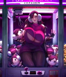 1girls against_glass beryl_(junkpuyo) big_breasts breasts claw_machine earmuffs female female_only huge_breasts junkpuyo light-skinned_female original plushie solo tagme thick_thighs twitter_link voluptuous