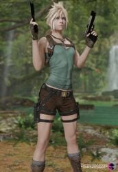 1boy 3d abs backpack bag belt blonde_hair blue_eyes boots clothing cloud_strife cosplay crossdressing femboy final_fantasy_vii fingerless_gloves firearm flat_chest footwear gun guns handgun handwear holster human lara_croft_(cosplay) legwear lewdsio male male_only necklace pale_skin penis short_shorts tank_top twink utility_belt weapon yaoi