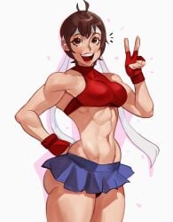 1girls ass big_ass bra breasts brown_eyes brown_hair capcom dlusional gloves hand_on_hip headband miniskirt muscles muscular muscular_female panties peace_sign sakura_kasugano skirt small_breasts street_fighter thick thick_ass thick_thighs tomboy