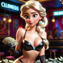 ai_generated blonde_hair blue_eyes cash disney_princess elsa_(frozen) exotic_dancer frozen_(film) money nightclub pole_dancer strip_club stripper stripper_clothes