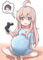 1860_(ichi) ahoge big_belly controller female game_controller genderswap_(mtf) highres holding holding_controller holding_game_controller inflation long_hair onii-chan_wa_oshimai! open_mouth orange_eyes oyama_mahiro oyama_mihari pink_hair pregnant rule_63 shirt sitting solo sweat t-shirt tears thought_bubble