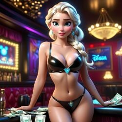 ai_generated black_latex black_latex_bra black_latex_lingerie black_latex_panties blonde_hair blue_eyes bra_and_panties cash elsa_(frozen) exotic_dancer latex latex_bra latex_lingerie latex_panties money nightclub pole_dancer strip_club stripper stripper_clothes