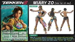 1girls anklet bandai_namco barefoot black_hair black_shorts breasts brown_lips character_profile character_sheet cleavage concept_art contrapposto dark-skinned_female dark_skin english_text female fingerless_gloves full_body gloves hair_ribbon hotpants kawano_takuji long_hair looking_at_viewer medium_breasts miary_zo mma_gloves navel official_art open_fly sarong shorts solo standing tekken tekken_8 text toenail_polish toned turnaround yellow_nails