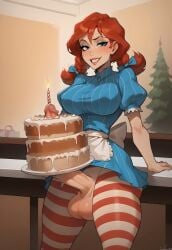 1futa absurd_res ai_generated big_breasts birthday_cake braided_hair braids cake candle erect_penis erection food_penetration futa_only futa_sans_pussy futanari highres huge_breasts huge_cock large_penis lit_candle looking_back red_hair self_upload smile smirk standing striped_clothing striped_legwear supermanson two_braids wendy's