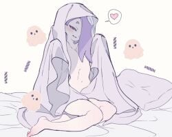 bed belly_button blanket convenient_censoring feet ghosts halloween heart implied_nudity looking_at_viewer midriff nude sameke shiver_(splatoon) small_breasts splatoon splatoon_3 thick_thighs thighs under_covers