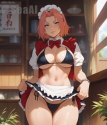 1girls ai_generated big_breasts bra cameltoe cowboy_shot curvaceous curvy curvy_body curvy_female curvy_figure indoors lifting_skirt maid_uniform naruto naruto_(classic) naruto_(series) panties sakura_haruno seacreator solo standing