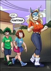 all_might_face angry angry_face ankle_socks anklehighs deku embarrassed facefart fart fart_fetish fart_worship farting fully_clothed height_difference implied_fart ippan_josei izuku_midoriya my_hero_academia ochako_uraraka outside socks text white_socks