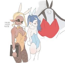 2girls big_man_(splatoon) breasts bunny_ears bunny_girl bunny_tail bunnysuit frye_(splatoon) hip_dips hips sameke shiver_(splatoon) small_breasts splatoon splatoon_3 thick_thighs thighs