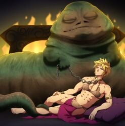 blonde_hair catnappe143 chain_leash chained_up cloud_strife disney final_fantasy final_fantasy_vii gay holding_leash human human_male jabba's_palace jabba_the_hutt light-skinned_male light_skin male_only monster muscles one_boy slave slave_bikini slave_collar slave_leia_(cosplay) slave_outfit slaveboy sleeping_together spiky_hair square_enix star_wars tail_coil yaoi