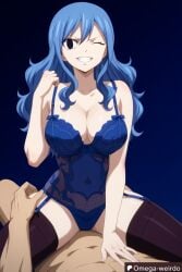 1girl1boy ai_generated big_breasts black_eyes blue_hair evil_smile fairy_tail female hand_on_chest juvia_lockser lingerie long_hair muscular_male omega-weirdo patreon sex smile straddling thighhighs wavy_hair wink