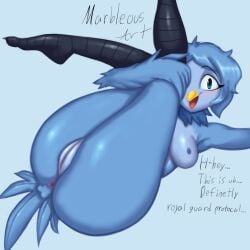 anthro anus ass avian avian_feet beak big_butt bird blue_body blue_eyes blue_feathers blue_hair blue_legs blush blush_lines breasts butt_focus dialogue feathers female fluffy genitals hair happy huge_butt legs_up looking_at_viewer lying marbleous martlet_(undertale_yellow) monster neck_tuft nervous nipples open_mouth presenting presenting_anus presenting_hindquarters presenting_pussy pussy shy smile smiling_at_viewer solo tail tail_feathers talking_to_viewer text thick_thighs tuft undertale undertale_yellow