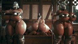 1boy 3girls armor armored_female dark-skinned_female dark_skin huge_ass huge_breasts massive_breasts penetration runn1non sex standing thick_thighs voluptuous