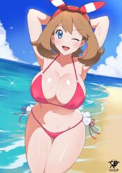 1girls ;d alluring arms_behind_head beach big_breasts bikini blue_eyes blue_sky bow brown_hair cleavage cloud collarbone cowboy_shot creatures_(company) game_freak hairbow kaos_art looking_at_viewer may may_(pokemon) navel nintendo ocean one_eye_closed open_mouth pin_up pokemon pokemon_oras red_bikini sky smile swimsuit teeth upper_teeth_only