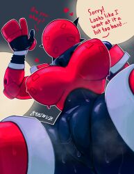 boxing_gloves breasts kabiwuz large_breasts looking_down pussy pussy_juice red_body robot robot_girl sparbot sparring_dummy steam steaming_body sweat sweatdrop