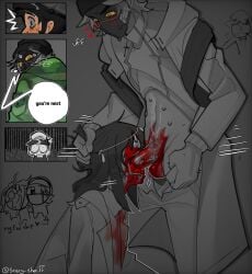 2boys 8:11_(visual_novel) basilio_dante blood blood_on_face caught face_fucking gore guro leon_tremblay_(8:11) male_focus male_only male_penetrating male_ryona necrophilia not_kidseller penetration skull_fucking wound wound_fucking wounded