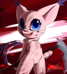 2019 anthro blood blue_eyes bodily_fluids digimon digimon_(species) digital_media_(artwork) felid feline female fur gatomon grin haiiromon hi_res mammal melee_weapon mostly_nude nipples polearm pussy scythe smile solo weapon whiskers white_body white_fur