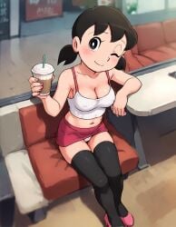 ai_generated belly_button breasts breasts_visible_through_clothing camisole clothed clothed_female clothing coffee doraemon female female_only heels holding_coffee_cup holding_object leggings miniskirt nipples_visible_through_clothing panties panties_visible_under_skirt shizuka_minamoto sitting sitting_on_chair skirt solo_female tank_top winking winking_at_viewer