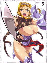 angry blonde_hair blue_eyes cleavage female hisayuki_hirokazu huge_breasts leina queen's_blade shield sword warrior