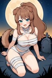 1girls ai_generated animal_ears animal_tail big_breasts breasts brown_hair cemetery dog_girl halloween halloween_costume kemonomimi latam_virtual_youtuber long_hair looking_at_viewer mummy mummy_costume night outdoors public solo_female tagme thighs tupadrev4 virtual_youtuber vtuber