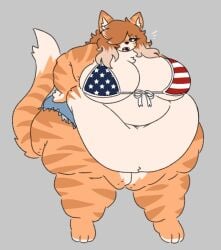 american_flag_bikini bbw belly belly_button big_belly big_breasts breasts cat cleavage fat feline female flag_bikini flag_print furry huge_breasts jean_shorts katie_(bradythewwefan) mexifurfoof obese obese_female orange_fur orange_tabby overweight thick_thighs wide_hips