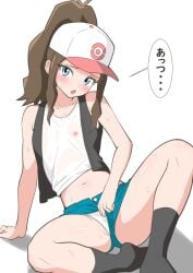 1girls blue_eyes blush brown_hair clothing female game_freak hat hilda_(pokemon) long_hair nintendo nipples open_mouth otyanoha panties pokemon pokemon_bw presenting presenting_panties shirt shorts shorts_aside shorts_pull solo spread_legs white_panties