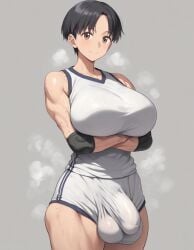 1futa ai_generated balls_under_clothes black_hair brown_eyes bulge futa_only futanari huge_breasts muscular penis_under_clothes short_hair steam supergetthi sweat volleyball_uniform