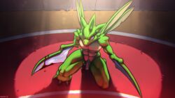 16:9 1boy 2019 abs anthro anthrofied arthropod athletic blood bodily_fluids eye_contact feet flaccid half-closed_eyes hi_res insect kawfee kneeling looking_at_viewer male male_only melee_weapon nintendo nude on_one_knee penis pokemon pokemon_rgby scythe scyther solo testicles text thick_thighs thigh_gap uncut video_games weapon wide_hips wings